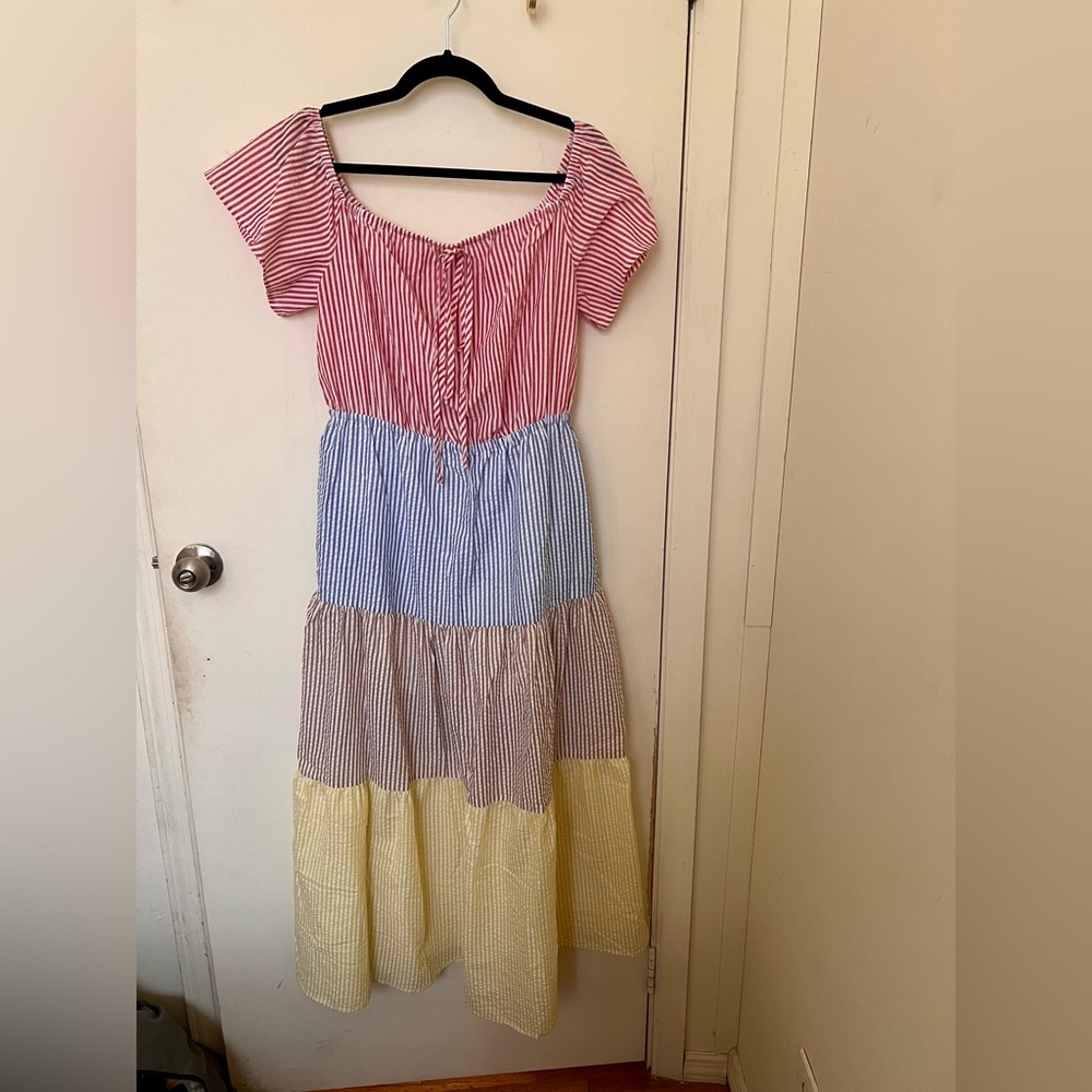 English Factory Tiered Multicolor Seersucker Maxi Dress